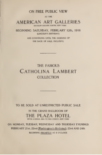 Catalogue of The Valuable Paintings and Sculptures by the old and modern masters, forming the famous Catholina Lambert Collection